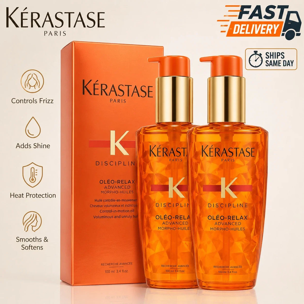 PACK OF 2 Kerastase Discipline Oleo Relax Advanced Hair Smoothing Oil 3.4oz Fit And Glow