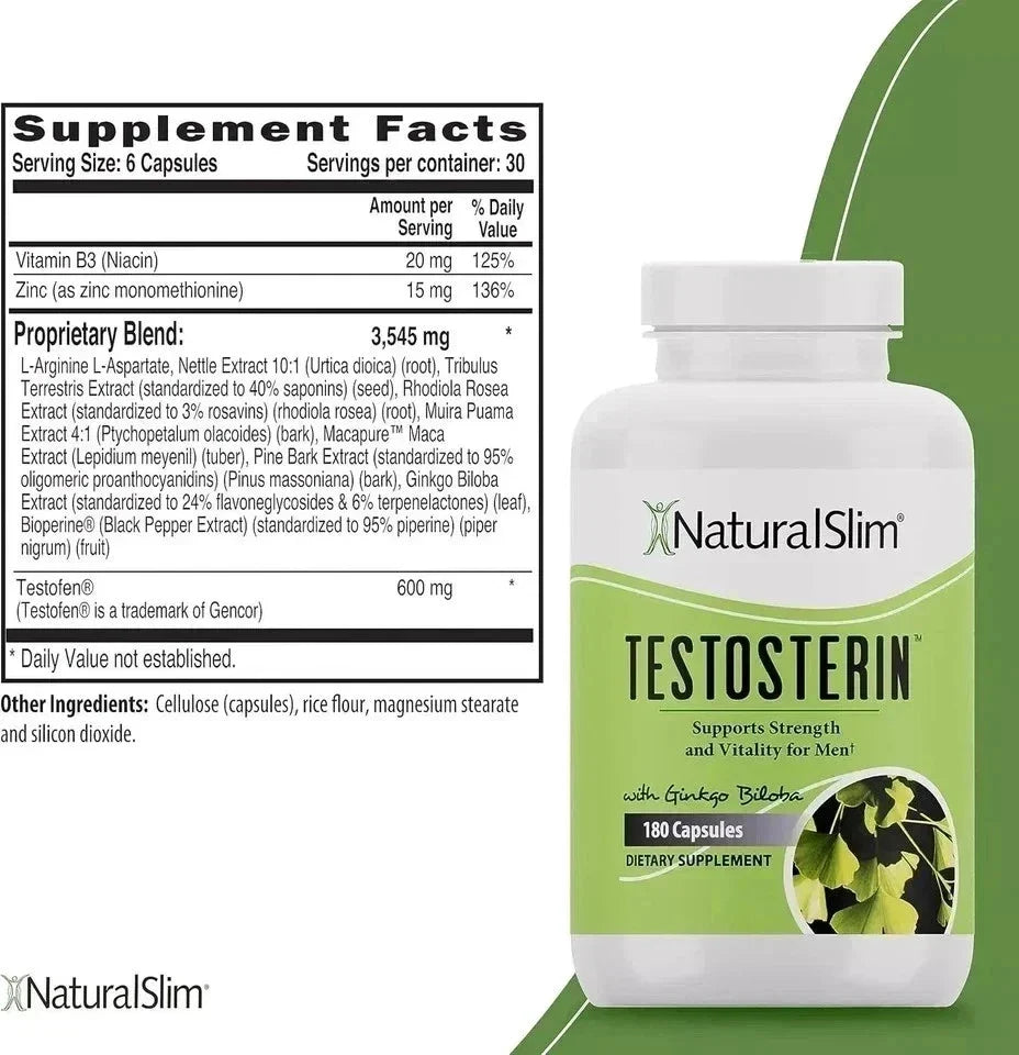 NaturalSlim Testosterin Men's Multivitamins Testosterone Booster 180 Capsules Fit And Glow